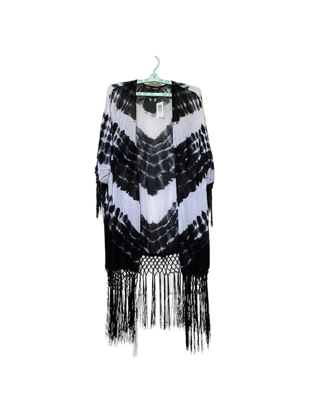 Torrid Womens Black White Tie Dye Fringe Kimono Size 1/2 - Picture 10 of 15